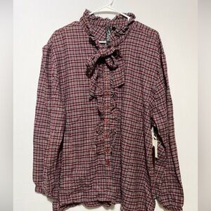 Mecca Femme Plaid Flannel Ruffle Front Shirt 100% Cotton Rustic Y2K NOS Cotton